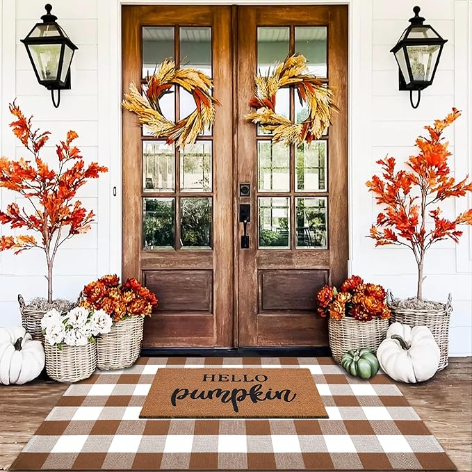 Buffalo Plaid Outdoor Rugs, 3'x5' Coffe and White Checkered Area Rug, Layering Rug for Hello/Welcome Door Mat, Washable Cotton Woven Farmhouse Mat for Front Porch Décor