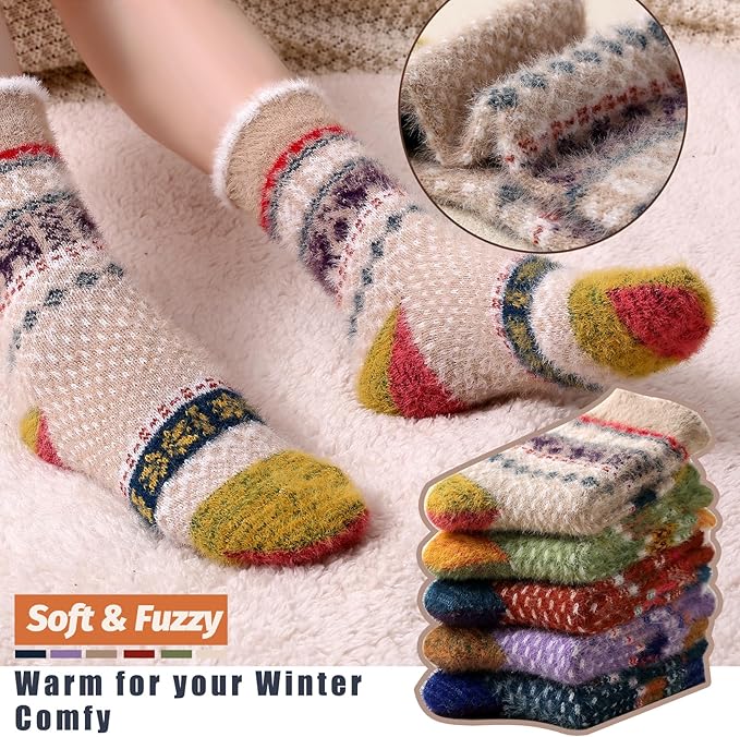 ICEIVY 5 Pair Fuzzy Cozy Socks for Women - Warm Comfy Soft Casual Home Sleep Winter Wool Socks - Gifts for Women
