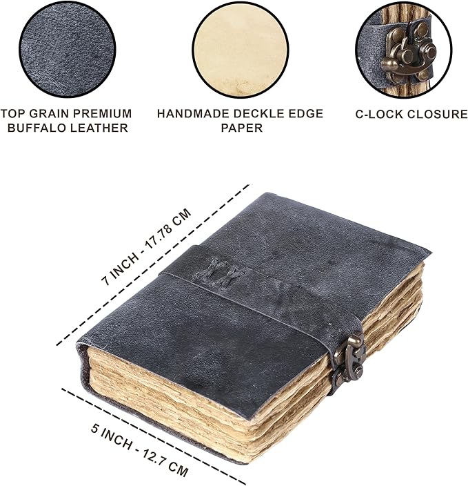 Vintage Leather Journal Handmade Buffalo Non-Refillable Deckle Edge Paper – Leather Bound Journal for Women Men, C-Lock Closure, Ideal for Writing & Travel for Artists (Grey)