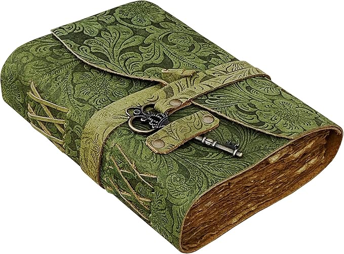 SH SHIFAA HANDICRAFT Leather Journal - Antique Handmade Deckle Edge Vintage Paper Leather Bound Journal - Book of Shadows Journal - Leather Sketchbook - Drawing Journal - Great Gift (Green) (7x5)