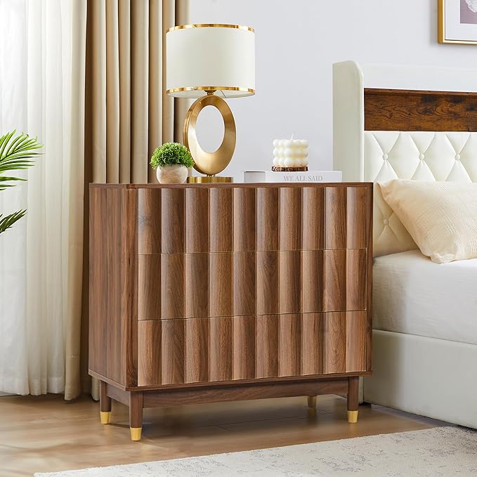 Fluted 3 Drawer Dresser, 31.5" Wide Modern Storage Chest of Drawers, Wood Drawer Organizer for Bedroom, Living Room, Hallway