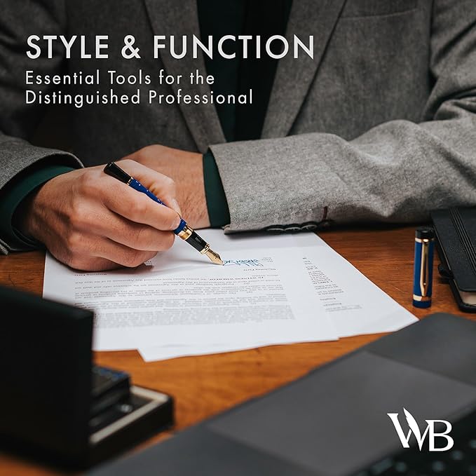 Wordsworth & Black Primori Fountain Pen Set [Blue Gold]; Fine Nib, Gift Case, 24 Ink Cartridges, Refill Converter, Manual; Journaling, Calligraphy, Smooth Writing Pens; Left and Right Handed