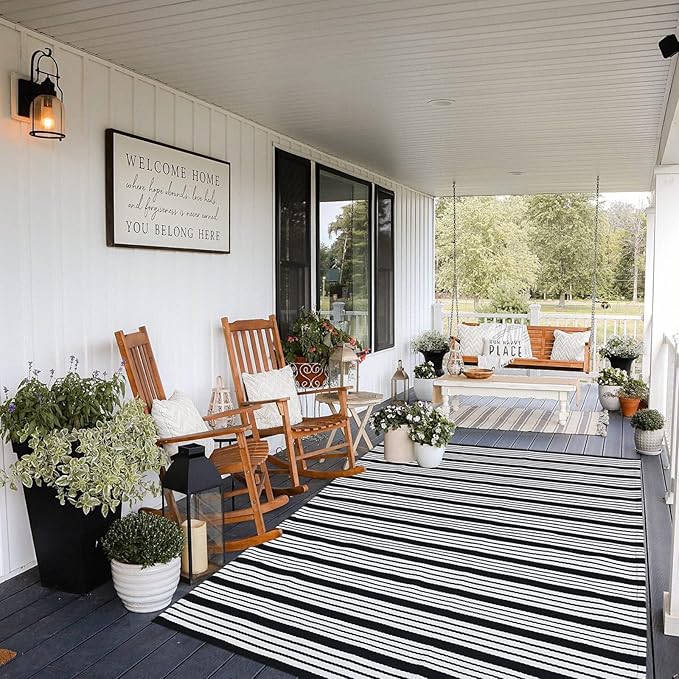 CAINANEL Black and White Striped Outdoor Rug 4' x 6' Front Porchr Mat Handwoven Cotton Indoor/Outdoor Rug for Layered Door Mats,Welcome Door Mat, Front Porch,Farmhouse,Entry Way