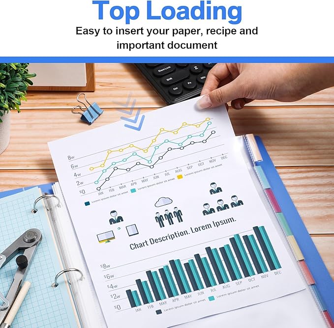 ReliThick 30 Set of 240 Pack Clear Sheet Protectors 8.5 x 11 Inch Page Protector for 3 Ring Binder with 8 Tabs Plastic Dividers for 3 Ring Binder, Insertable Index Page Divider Multicolor Tabs