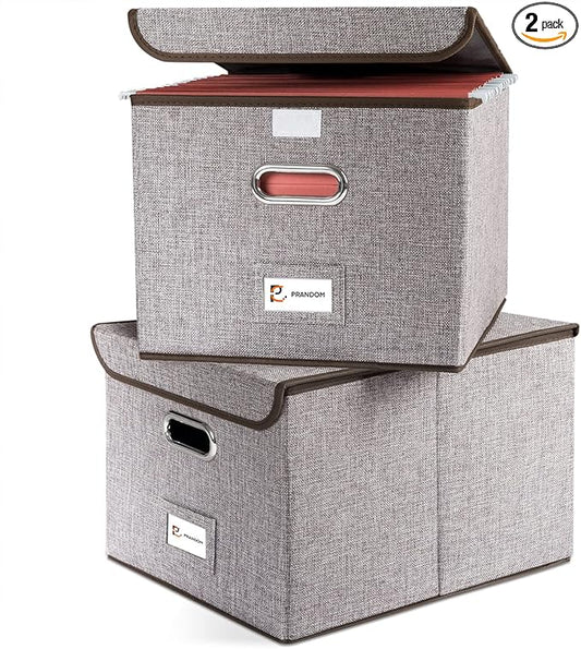 PRANDOM File Organizer Box - Set of 2 Collapsible Decorative Linen Filing Storage Hanging File Folders with Lids Office Cabinet Letter Size (15x12.2x10.75 inch)