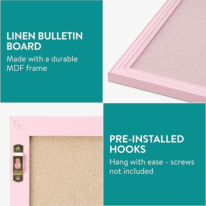 Navaris Framed Linen Bulletin Board - Approx. 58x43cm Fabric Jewelry Organizer Pinboard for Wall Memory Memo Pin Board - Pink Linen with Pink Frame