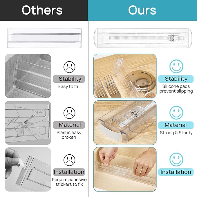 Vtopmart 8 Pack Shallow Drawer Dividers, 2.36" High 12.67"-21.14" Adjustable Expandable Kitchen Drawer Organizer, Clear Plastic Organizer Separators for Flatware, Utensil, Cutlery, Underwear, Clothes