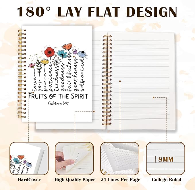 Qabliqo Fruit of the Spirit Christian Spiral Notebooks, Galatians 5:22 Bible Journals for Writing, Religious Scripture Journal for Women, Floral Bible Notebook for Note Taking, 5.5x8.3 Inch