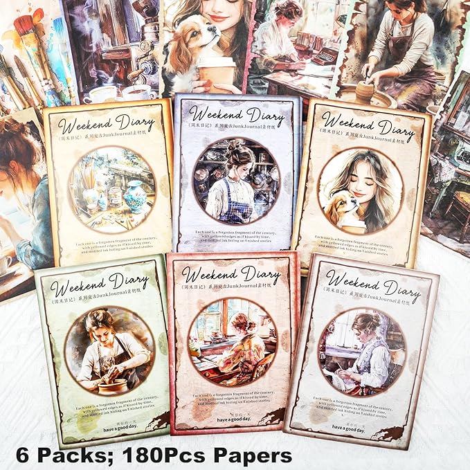 Weekend Diary Scrapbook Paper, 180PCS Vintage Hand-Tearable Sheets with Aged Edges, Coffee, Sewing, Reading & Art-Inspired Themes for Journaling and Collage