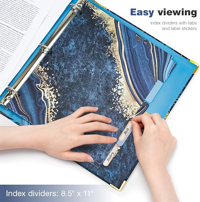 Ospelelf 3 Ring Binder, 1 Inch, Cute Letter Size (11" x 8.5") with 5 Tab Dividers, File Folder Labels and Low Profile Clipboards, Blue Marble