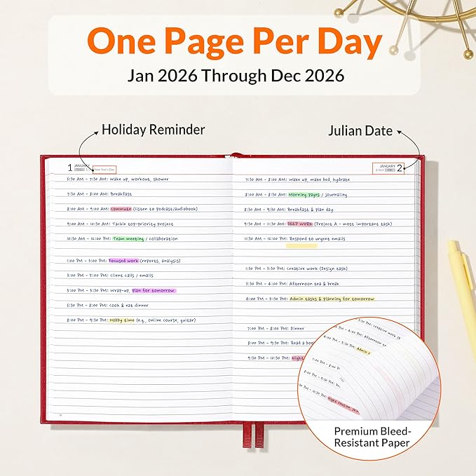 SUNEE 2026 Diary Journal Hardcover - Daily Planner Organizer for Work & School - Daily Page Layout with Holidays, Notes, Contacts - Agenda for Women & Men, Red