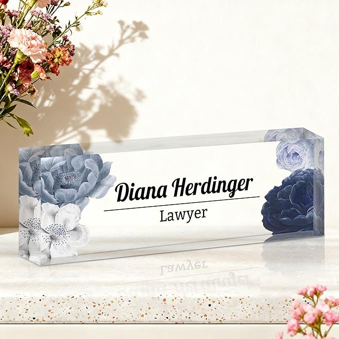 Ship Next Day-Custom Name Plate for Desk, Desk Name Plate Personalized, Acrylic Office Desk Accessories, Appreciation Gifts for Coworkers Employee Teachers Boss Women Men (Vintage Flowers)