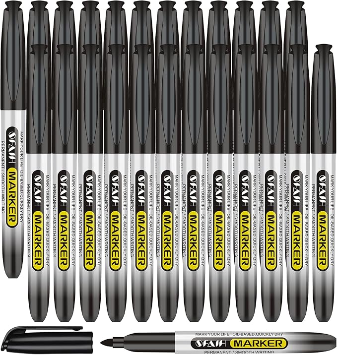 SFAIH Black Permanent Markers Bulk - 24 Pack, 1s Quick Dry, Non-Fading, Fine Point Permanent Pens for Plastic Glass Metal Wood Paper Stone, Office Classroom Kitchen, Doodling, Marking, Waterproof