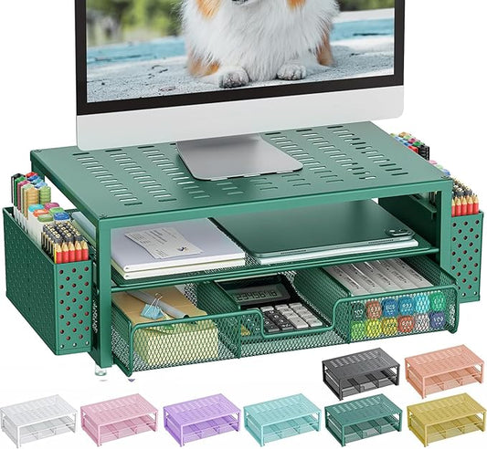 gianotter Desk Organizers and Accessories, Monitor Stand with Drawer and 2 Pen Holder, Desktop Organizer Suitable for Offices and Dormitories (Green)