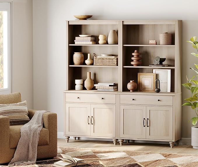 WAMPAT 5 Tier Bookshelf 72" Tall Bookcase with Barn Doors, Large Farmhouse Display Book Shelf with 2 Drawers and Storage Cabinet, Library Wood Bookshelves for Living Room,Kitchen, Light Oak(2PCS)