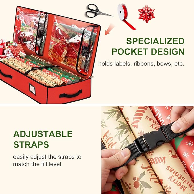 HikooLSS Wrapping Paper Organizer Storage Container 600D Heavy Duty Tear Proof for Holiday Christmas Gift Wrapping Storage with Flexible Partitions Storage Container for Ribbon, Accessories (Red)