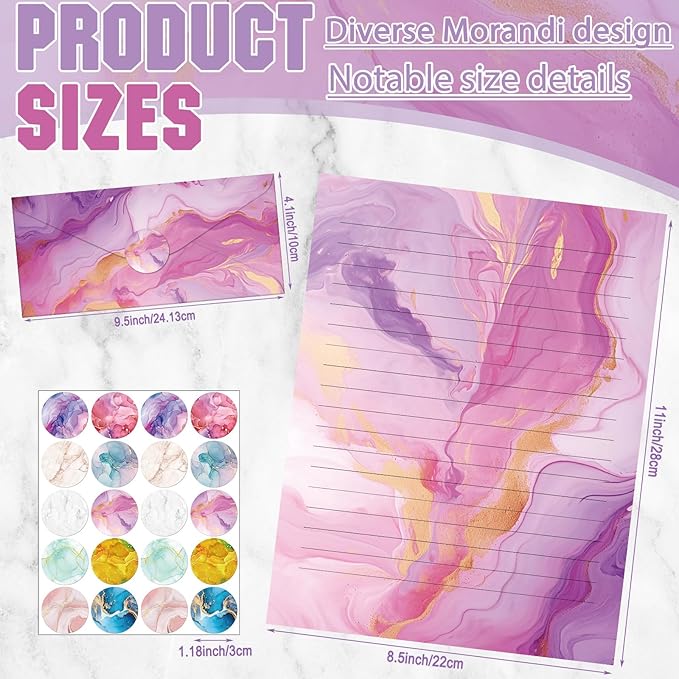 TaoBary 160 Pcs Stationery Paper Set 50 Double Sided Stationery Papers with 50 Matching Envelopes and 60 Round Dot Sticker, 10 Design(Marble,8.5 x 11 Inch)