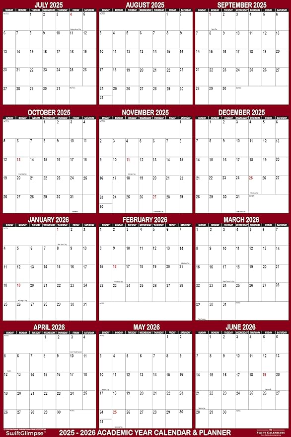 24" x 36" SwiftGlimpse 2025-2026 Academic Wall Calendar, Erasable, Large, Wet & Dry Erase Laminated, Reversible, Yearly Planner, JULY 2025 to JUNE 2026 ONLY, Maroon