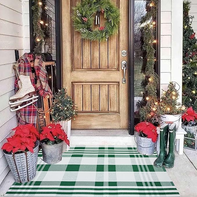 Christmas Door Mat Outdoor 27.5” x 43” Green and White Plaid Rug Christmas Decor Rug Cotton Hand-Woven Layered Door Mats Washable Carpet for Front Porch, Kitchen, Farmhouse, Entryway