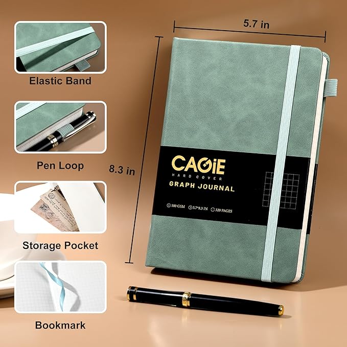 CAGIE Graph Paper Notebook- 320 Pages 100 GSM Graphing Grid Journal A5 Hardcover Leather Quad Ruled Notebooks for Engineering, Math, Work, Green
