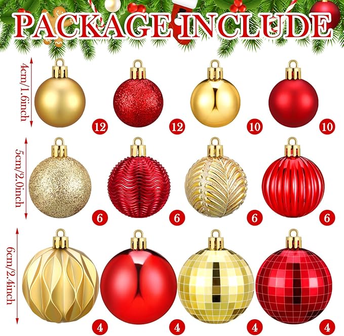 64 Pcs Red and Gold Christmas Ball Ornaments Glitter Matte Xmas Tree Ornaments 1.6 1.97 2.4 Inch Shatterproof Assorted Size Christmas Baubles for Tree Home Indoor Decor