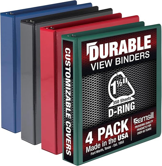 Samsill Durable 1.5 inch 3 Ring Binder, Made in USA, D Ring Binder, FSC 100% Recycled Chipboard, Basis Assortment, 4 Pack