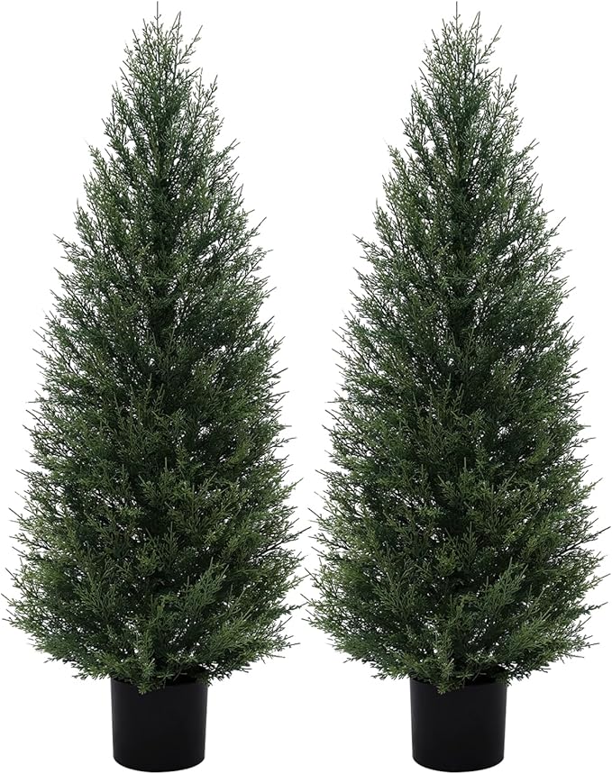 2Pack 4ft Outdoor Artificial Cedar Topiary Trees, All-Weather Faux Pine for Home Porch Entryway Decor