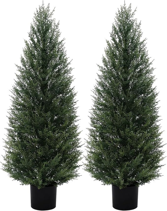 2Pack 4ft Outdoor Artificial Cedar Topiary Trees, All-Weather Faux Pine for Home Porch Entryway Decor