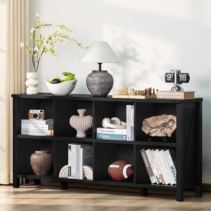 8 Cube Book Shelf, Farmhouse Wood Long Storage Organizer Bookcase, 62" Horizontal Black Console Closet Bookshelf, Hallway TV Stand for Entryway, Display Cabinet Book Case for Living Room