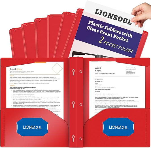 Pastel Plastic File Folders with Pockets and Prongs, 7 Pack, A4 Letter Size, Heavy Duty Waterproof Office Folders with Clear Front Cover for School, Home, and Office (Red)