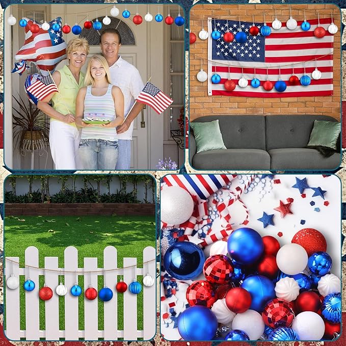64 Pcs Veterans Day Patriotic Christmas Ball Ornaments Bulk Red White Blue Christmas Tree Ornaments 1.6/1.97/2.4 Inch Xmas Baubles 4th of July Xmas Decorations for Tree Home Wreath Decor