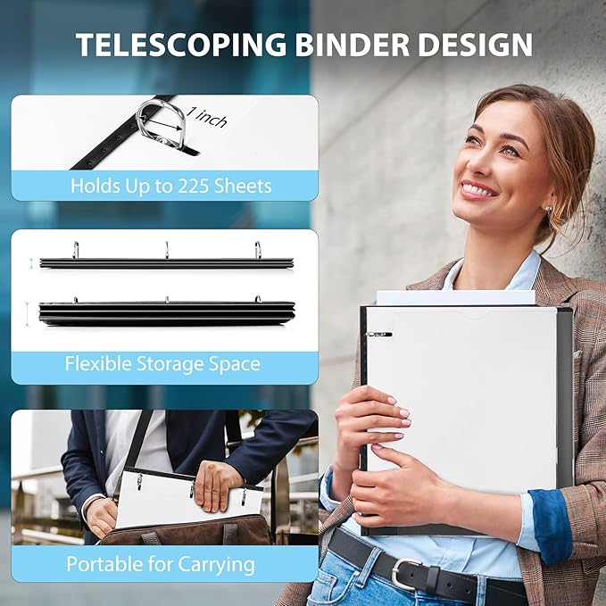 WOT I 1 Inch Telescoping 3 Ring Binder 4 Pack, Expandable Flexible Binder with Customizable Front Cover & Clear Catalog Pocket, Holds 225 Sheets, School Office Supplies, Black+White