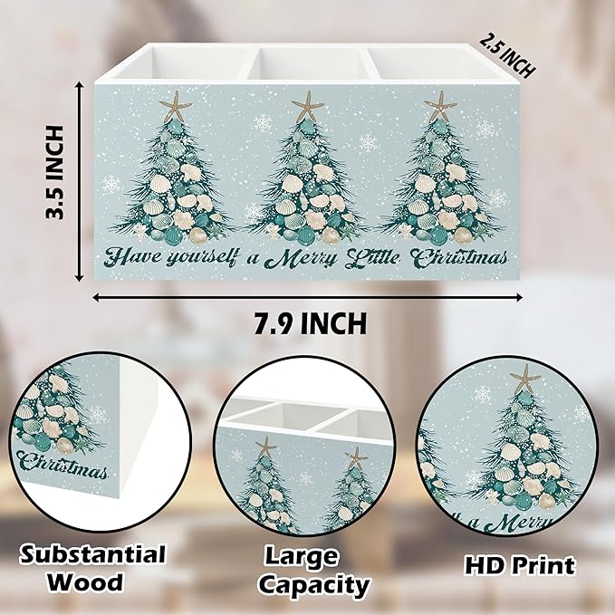 Coastal Beach Christmas Pen Pencil Holder Organizer for Desk, Christmas Seashell Starfish Tree Holiday Wooden Box Signs Decorations for Home Office Desk Tabletop, Beach House Decor