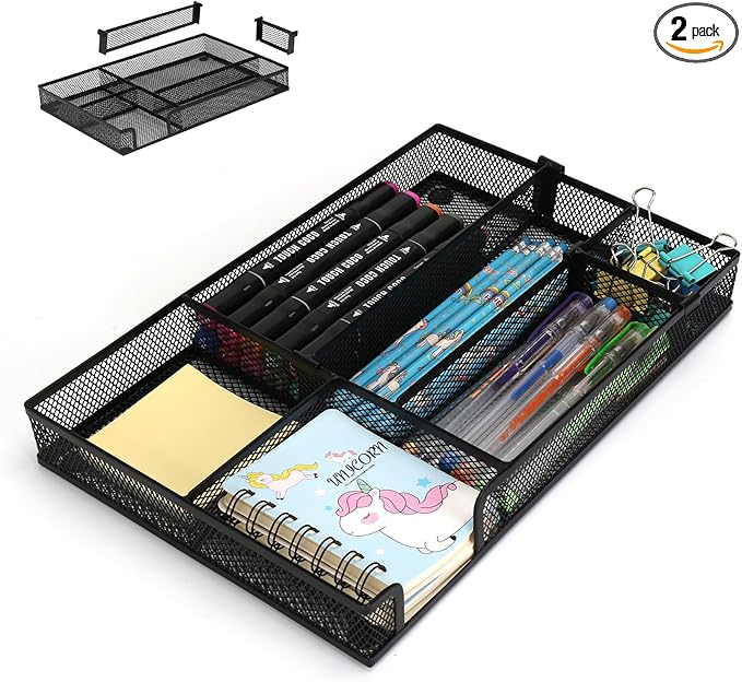 Desk Drawer Organizer Tray, 4 to 6 Grid Drawer Divider with 2 Adjustable Compartments, Metal Mesh Desk Organizer for Stationery Makeup Kitchen Toolroom School &Office, 12.6x8.26x1.57 in, 2 PCS