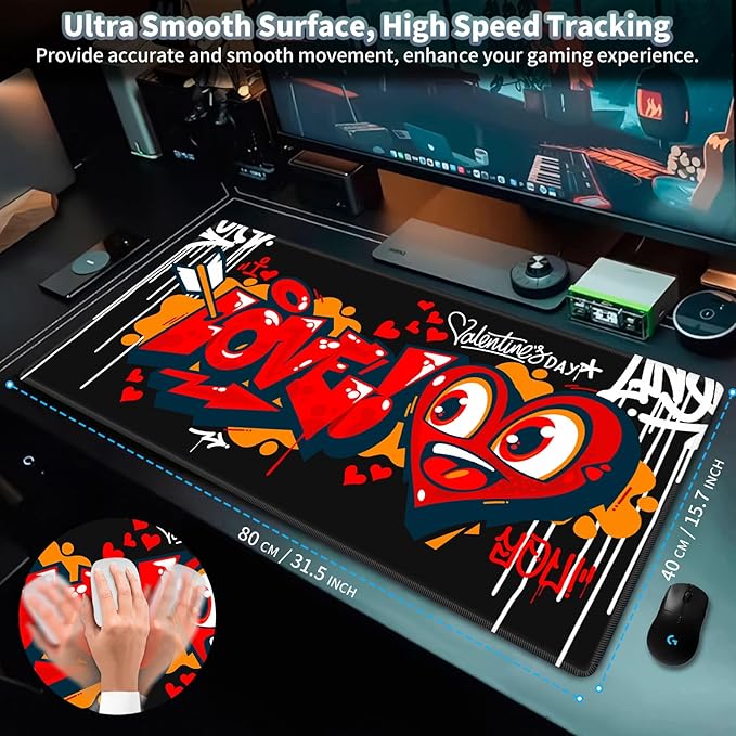 Gaming Mouse Pad, Keyboard Mouse Pad 31.5x15.7 inch XXL Large Computer Laptop Cool Desk Mat with Non-Slip Rubber Base and Stitched Edge for Home Office Work, Black Love Graffiti