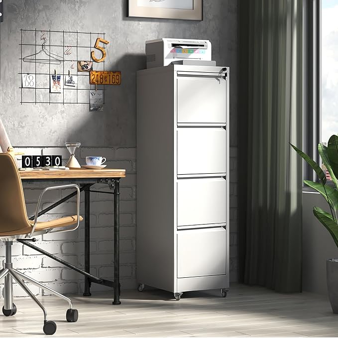 4 Drawer Locking File Cabinet with Wheels,White Metal Mobile Filing Cabinets,Vertical File Cabinet for Home Office,Heavy Duty Rolling Storage Cabinet for A4/Letter/Legal Size,Assembly Required