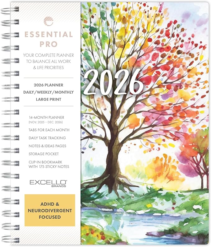 Essential PRO 2026 Daily, Weekly & Monthly Planner, 7"x9": 14 Months (Nov 2025 - Dec 2026) Monthly Tabs,Daily Tracking,Notes Pages,Storage Pocket,Bookmark w Sticky Notes (Tree Seasons)