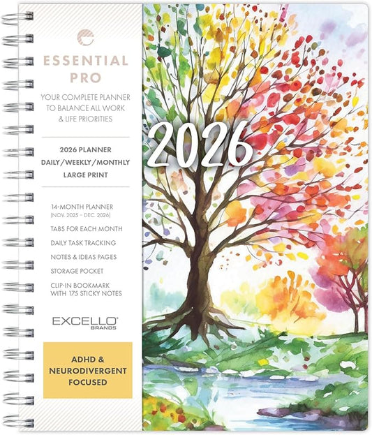 Essential PRO 2026 Daily, Weekly & Monthly Planner, 7"x9": 14 Months (Nov 2025 - Dec 2026) Monthly Tabs,Daily Tracking,Notes Pages,Storage Pocket,Bookmark w Sticky Notes (Tree Seasons)