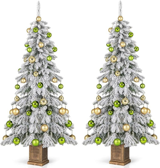 Goplus 6ft Snow Flocked Christmas Tree for Entrances, Set of 2 Hinged Artificial Potted Xmas Tree with 48 Ball Ornaments, 589 Branch Tips, Golden Urn Flowerpot, Front Door Porch Home Decoration