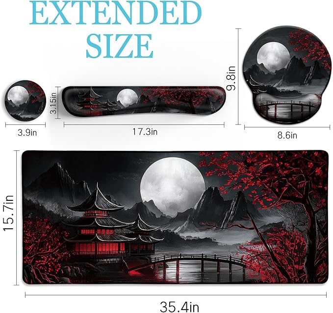 Japanese Mouse Pad Large Desk Mat Set, XXL Anime Full Moon Ergonomic Mousepad with Wrist Rest, Wrist Support Gaming Keyboard Mat Cup Coaster Set, Japanese Style Office Desk Accessories