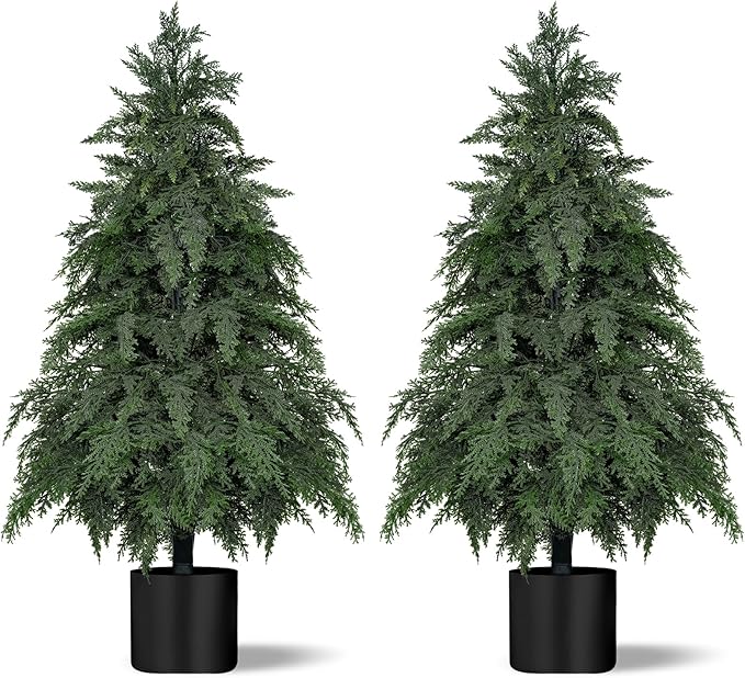 2Pack Artificial Topiary Trees, 3FT Faux Cypress, Faux Evergreen Pine Shrubs Plants with Pot, Potted Plants for Front Porch Indoor Outdoor Garden Christmas Decor