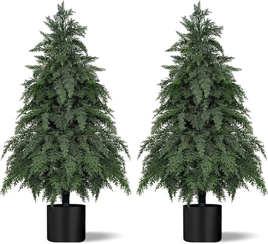 2Pack Artificial Topiary Trees, 3FT Faux Cypress, Faux Evergreen Pine Shrubs Plants with Pot, Potted Plants for Front Porch Indoor Outdoor Garden Christmas Decor
