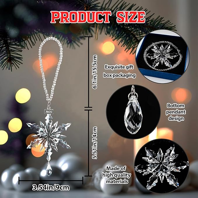 2025 Christmas Ornament Crystal Snowflake with Crystal Drop Pendant and 2025 Engraved Tag for Winter Christmas Tree Decoration Keepsake Gifts Clear