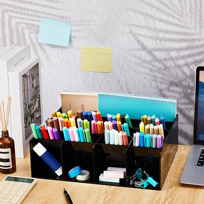 Acrylic Pen Organizer Storage for 200 Markers Vertical Marker Organizer Acrylic Pen Display Holder for Office Desk Desktop Stationery Pencil Storage, Black, 13 x 4 x 10.2 Inch