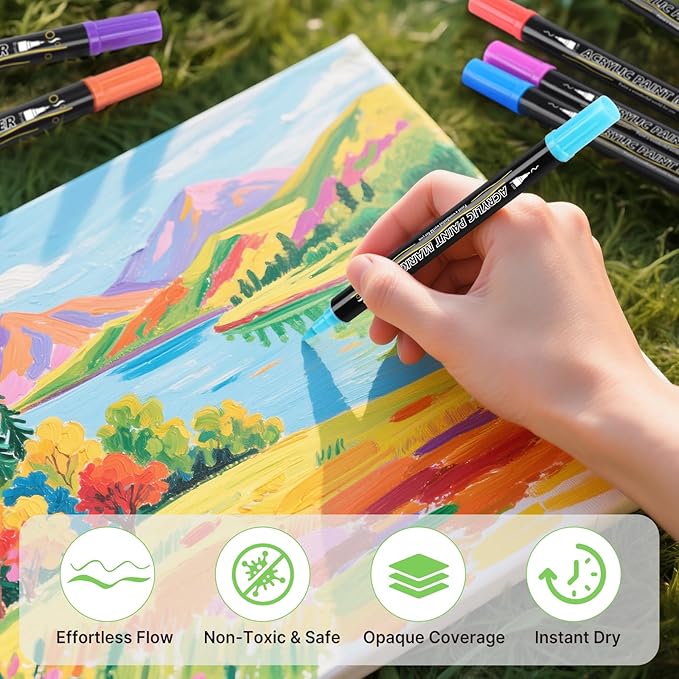 Tongfushop 144 Colors (16 Metallic) Acrylic Paint Marke, Dual Fine & Brush Tip Paint Pens, No Bleed & Quick-Dry with Case for Rock Painting, Canvas, Wood, Ceramic, Glass, Adult & DIY Art Supplies