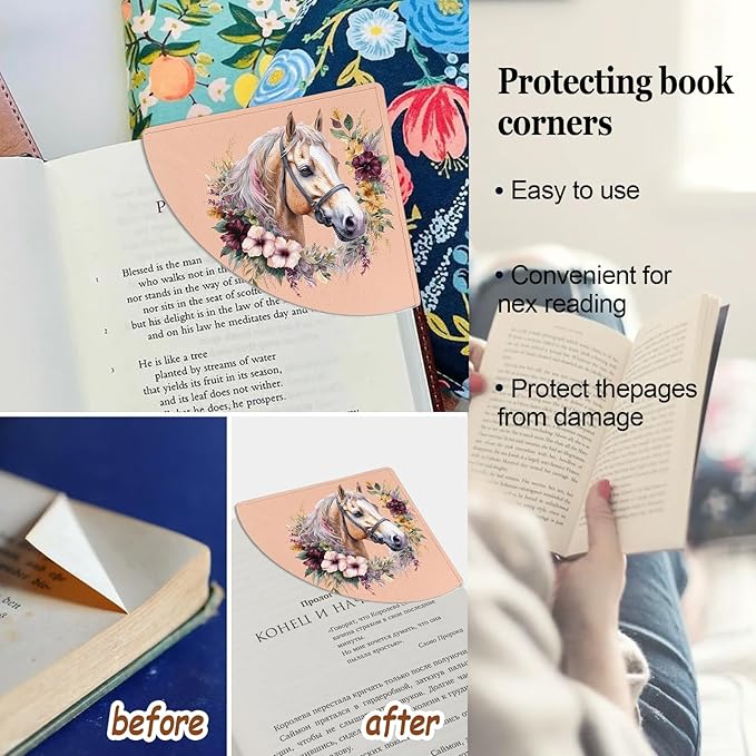 Horse Corner Bookmarks Kids 4 Pcs, Watercolor Flower Leather Book Accessories for Book Lovers, Cute Animal Reading Book Page Markers for Women Men Girls Boys School Student Teacher