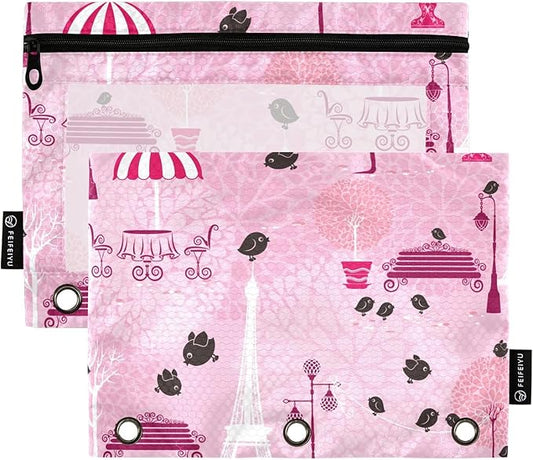 ZAZYXTJ Paris Eiffel Tower Binder Pencil Pouchs 3 Ring with Zipper Clear Window Office Organizers bag for School Students Teacher Supplies 2 Pack