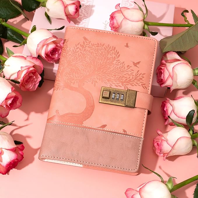 Pink Diary with Lock for Women Girls 256 Pages Leather Password Journal with Lock A5 Vintage Locked Journals for Writing Note Taking, 5.9x 8.3 in
