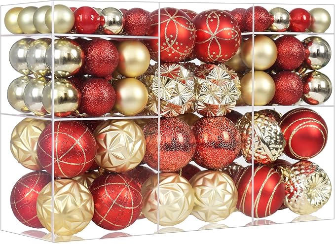 100ct Red and Gold Christmas Ornaments Set, Shatterproof Xmas Tree Ornaments Decorations Collection, Hanging Plastic Christmas Balls for Holiday Party Wedding (Red&Gold)
