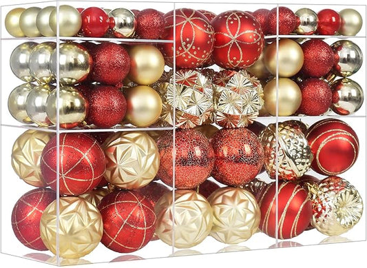 100ct Red and Gold Christmas Ornaments Set, Shatterproof Xmas Tree Ornaments Decorations Collection, Hanging Plastic Christmas Balls for Holiday Party Wedding (Red&Gold)
